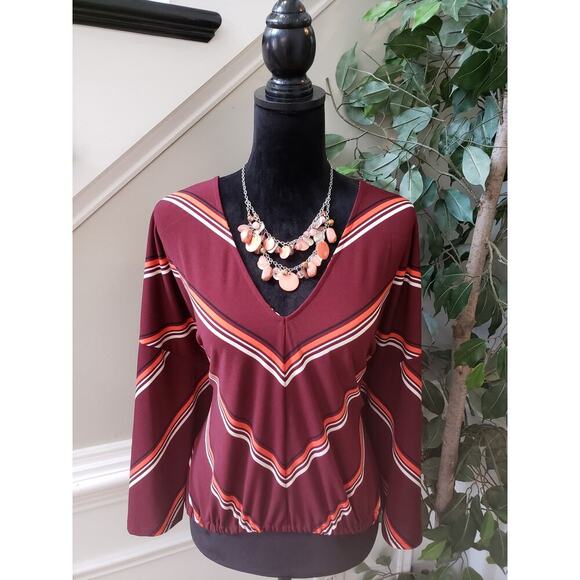 Express Blouse Top Women's Large Red Striped Elastic Waist Long Sleeve V Neck - Picture 1 of 13